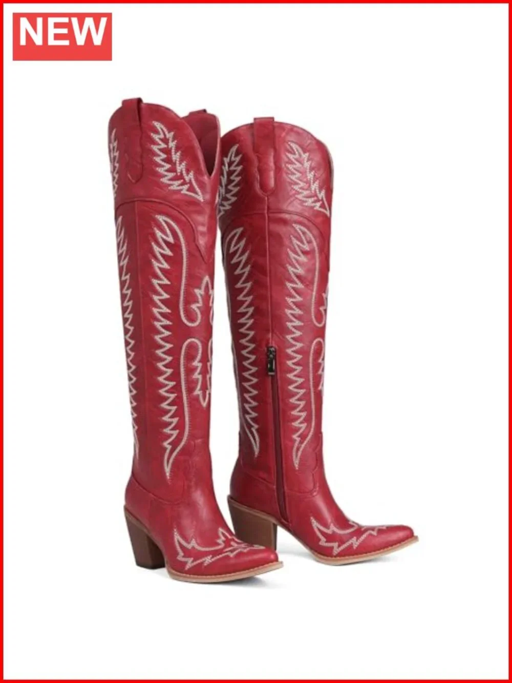 Over the Knee Western Cowboy Boots in Faux Leather with Block Heel